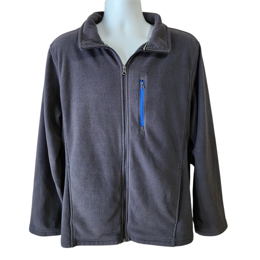 Tek Gear Men's Large Gray Fleece Full Zip Jacket Blue Accent Pockets Activewear